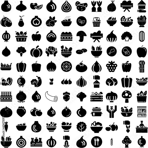 Collection Of 100 Vegetables Icons Set Isolated Solid Silhouette Icons Including Vegetarian, Fruit, Healthy, Food, Organic, Vegetable, Fresh Infographic Elements Vector Illustration Logo