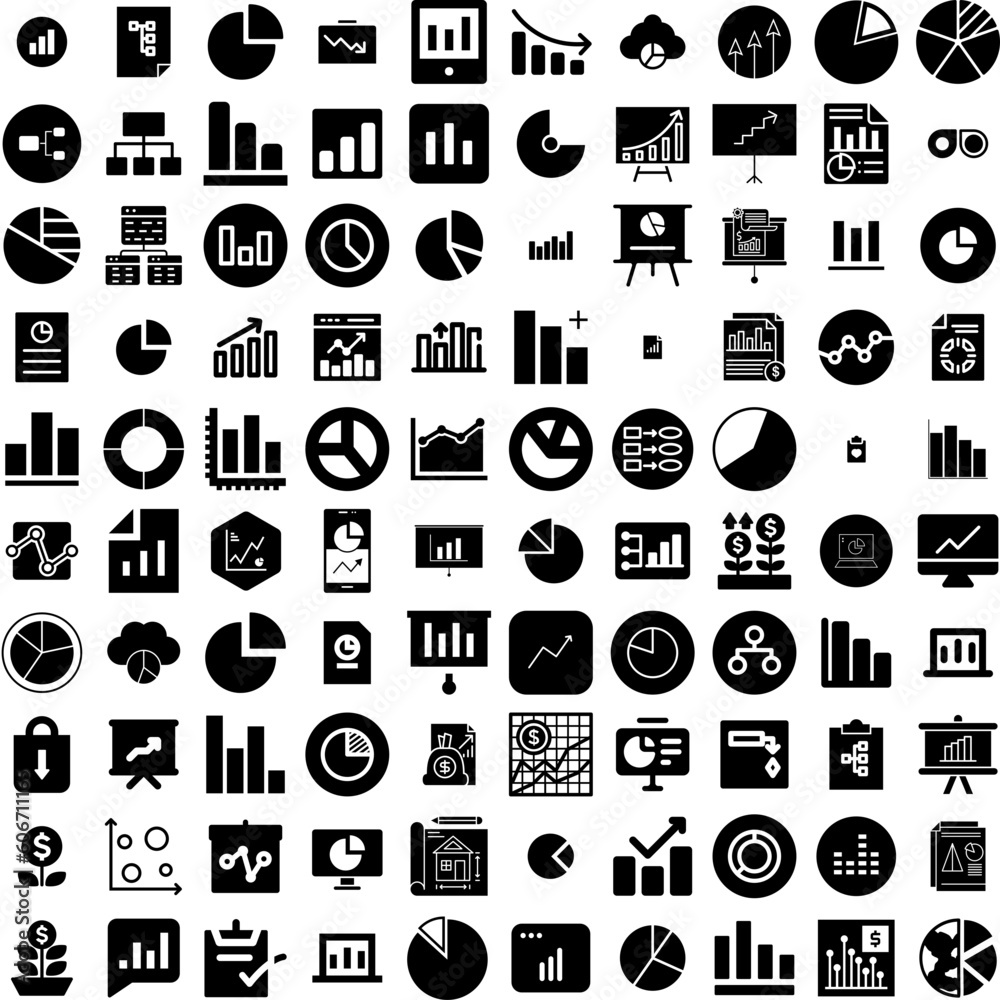 Collection Of 100 Chart Icons Set Isolated Solid Silhouette Icons Including Diagram, Vector, Data, Design, Business, Graph, Chart Infographic Elements Vector Illustration Logo