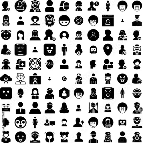 Collection Of 100 Avatar Icons Set Isolated Solid Silhouette Icons Including Face, Avatar, Human, Male, People, Person, Man Infographic Elements Vector Illustration Logo