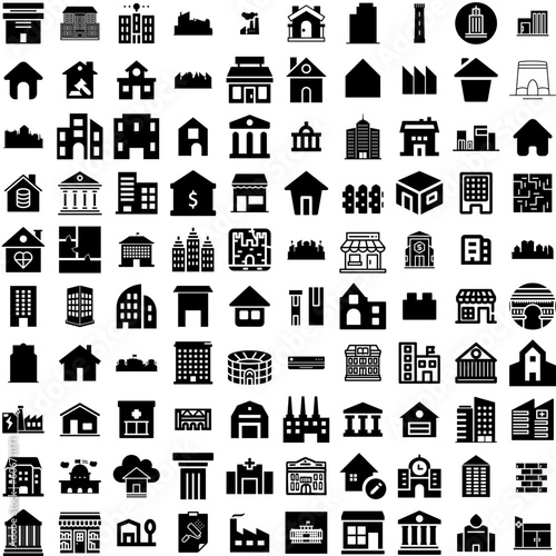 Collection Of 100 Building Icons Set Isolated Solid Silhouette Icons Including Urban, Construction, Building, Architecture, Office, Business, City Infographic Elements Vector Illustration Logo