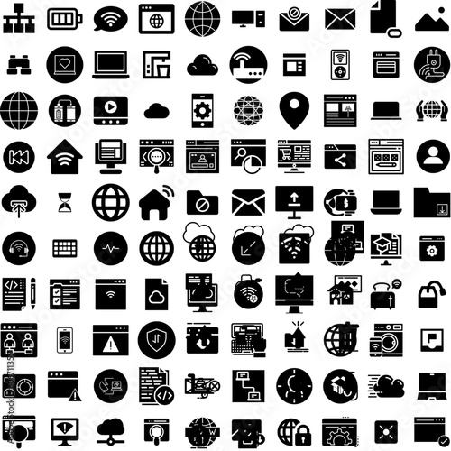 Collection Of 100 Internet Icons Set Isolated Solid Silhouette Icons Including Internet, Communication, Web, Background, Technology, Concept, Network Infographic Elements Vector Illustration Logo