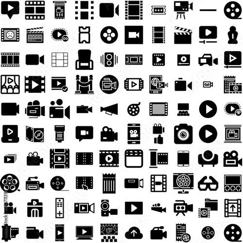 Collection Of 100 Movie Icons Set Isolated Solid Silhouette Icons Including Movie, Illustration, Video, Theater, Cinema, Entertainment, Film Infographic Elements Vector Illustration Logo