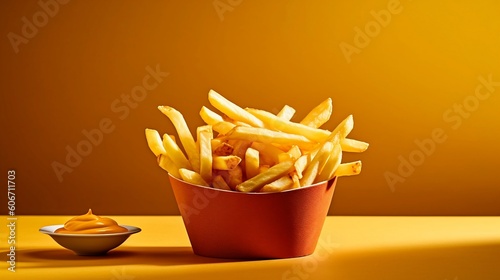 French fries on yellow background - Generative AI