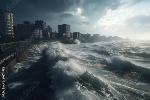 A city by the sea with waves crashing on the shore Generative Ai