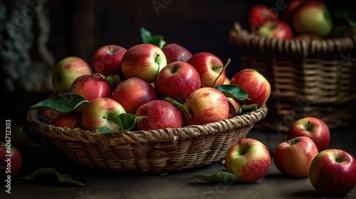 perfect viewing angle of bunch of apples in a basket with blur background