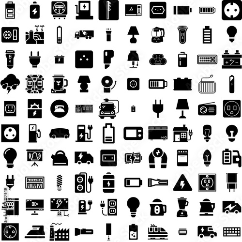 Collection Of 100 Electric Icons Set Isolated Solid Silhouette Icons Including Power, Car, Technology, Electricity, Station, Vehicle, Energy Infographic Elements Vector Illustration Logo