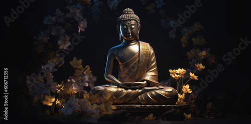 glowing Lotus flowers and gold buddha statue, generative AI   © Kien