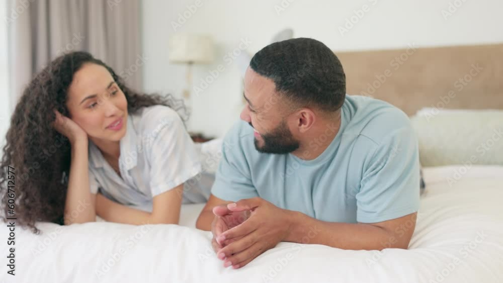 Bed, communication and happy couple talking, relax and in morning conversation, marriage discussion or chat. Quality time bonding, love and home man, woman or people enjoy honeymoon in hotel bedroom Bed, communication and happy couple talking, relax and in morning conversation, marriage discussion or chat. Quality time bonding, love and home man, woman or people enjoy honeymoon in hotel bedroom