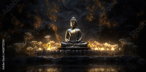 glowing Lotus flowers and gold buddha statue  generative AI  