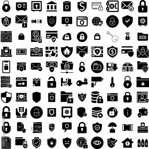 Collection Of 100 Secure Icons Set Isolated Solid Silhouette Icons Including Security, Privacy, Protection, Secure, Computer, Internet, Technology Infographic Elements Vector Illustration Logo