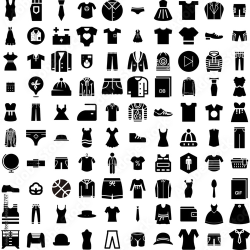 Collection Of 100 Clothing Icons Set Isolated Solid Silhouette Icons Including Clothing, Fashion, Clothes, Background, Fabric, Cloth, Style Infographic Elements Vector Illustration Logo