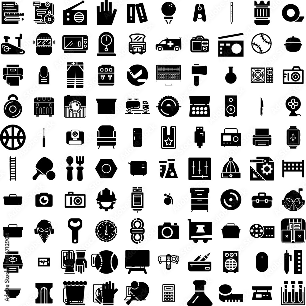 Collection Of 100 Equipment Icons Set Isolated Solid Silhouette Icons Including Fitness, Equipment, Sport, Isolated, Healthy, Health, Set Infographic Elements Vector Illustration Logo