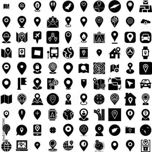 Collection Of 100 Location Icons Set Isolated Solid Silhouette Icons Including Vector, Location, Sign, Symbol, Icon, Place, Pin Infographic Elements Vector Illustration Logo