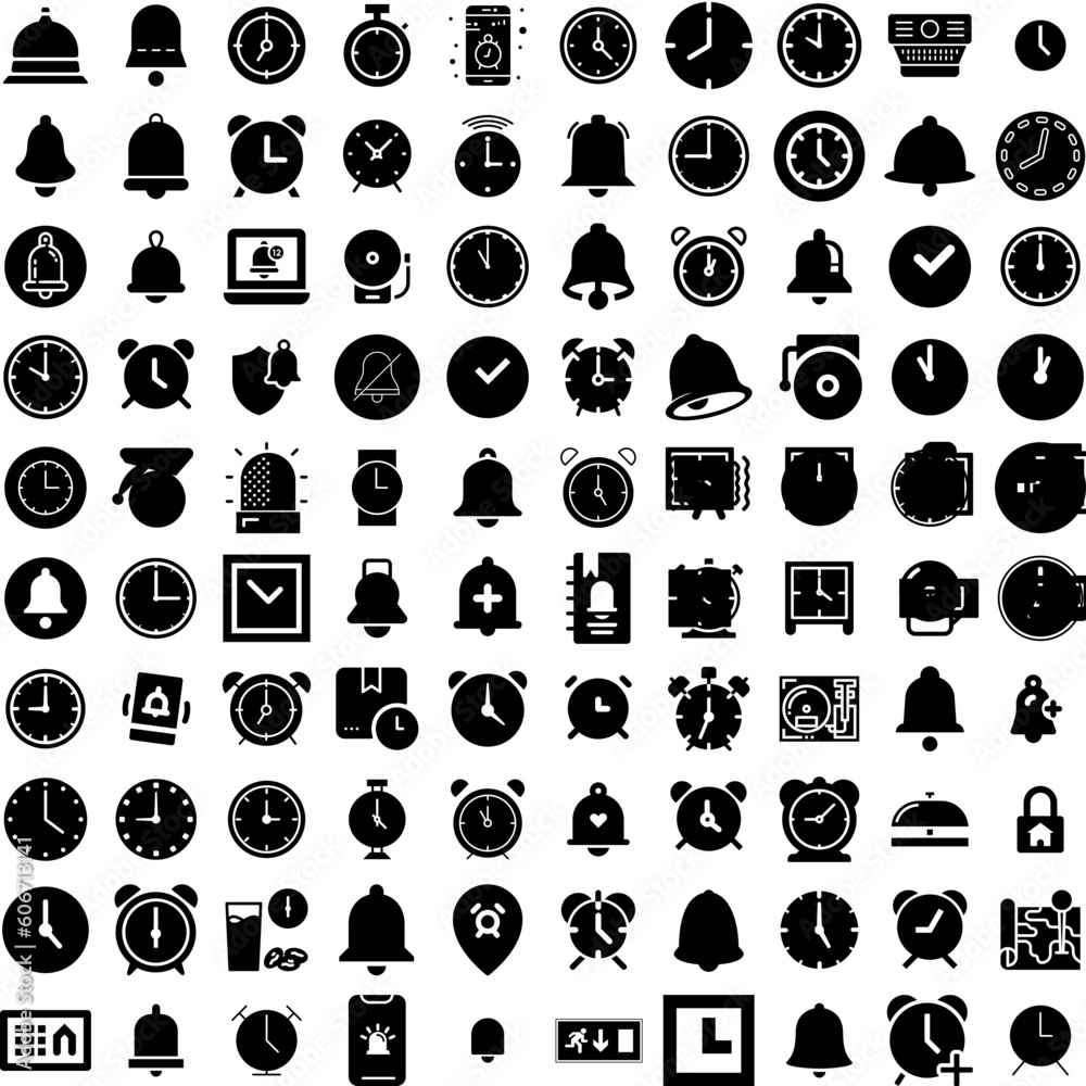 Collection Of 100 Alarm Icons Set Isolated Solid Silhouette Icons Including Reminder, Alert, Object, Isolated, Hour, Time, Alarm Infographic Elements Vector Illustration Logo