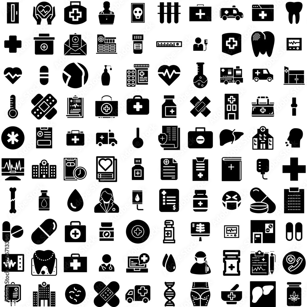 Collection Of 100 Medical Icons Set Isolated Solid Silhouette Icons Including Clinic, Hospital, Medical, Care, Doctor, Health, Medicine Infographic Elements Vector Illustration Logo