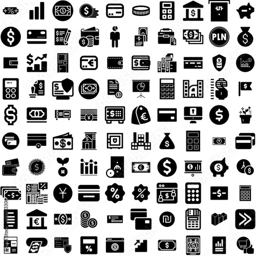 Collection Of 100 Finance Icons Set Isolated Solid Silhouette Icons Including Business, Growth, Finance, Economy, Money, Financial, Investment Infographic Elements Vector Illustration Logo