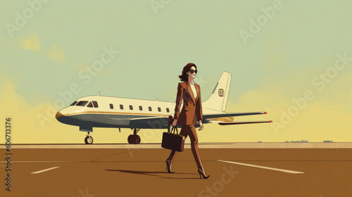 Generative A.I. illustration of a woman walking towards an airplane on the tarmac, 70's style, copy space, aviation theme, old-fashioned, retro, airport, outdoors