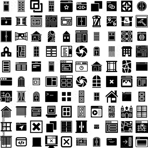 Collection Of 100 Window Icons Set Isolated Solid Silhouette Icons Including White, Room, Window, Glass, Design, Interior, Frame Infographic Elements Vector Illustration Logo