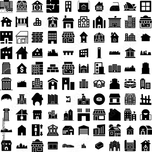 Collection Of 100 Building Icons Set Isolated Solid Silhouette Icons Including Building, Architecture, Office, Business, Construction, City, Urban Infographic Elements Vector Illustration Logo