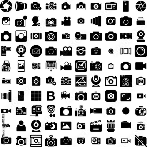 Collection Of 100 Camera Icons Set Isolated Solid Silhouette Icons Including Photo, Illustration, Camera, Photography, Digital, Equipment, Lens Infographic Elements Vector Illustration Logo