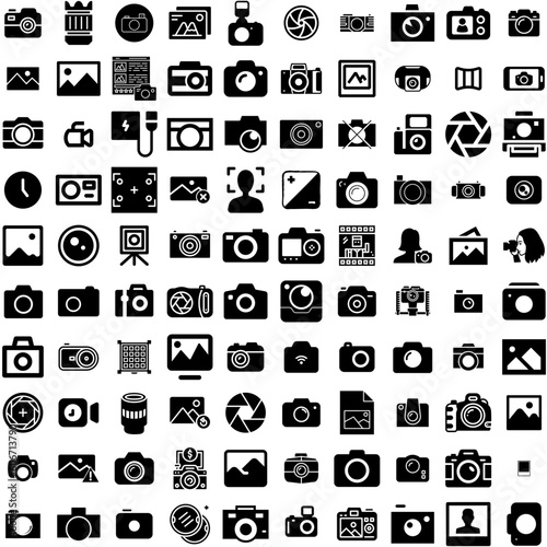 Collection Of 100 Photography Icons Set Isolated Solid Silhouette Icons Including Photographer, Lens, Photo, Camera, Equipment, Photography, Technology Infographic Elements Vector Illustration Logo