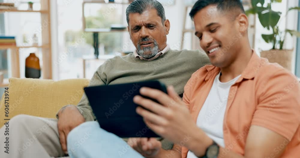 Family, father and adult son with a tablet, couch and connection for social media, internet search and bonding. Love, senior man or male person on a sofa, technology or home with quality time and joy Family, father and adult son with a tablet, couch and connection for social media, internet search and bonding. Love, senior man or male person on a sofa, technology or home with quality time and joy