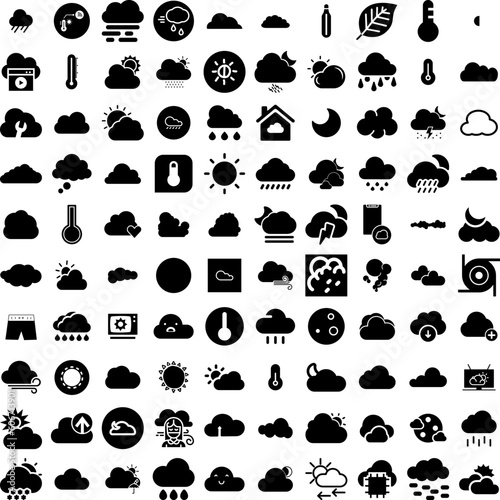 Collection Of 100 Weather Icons Set Isolated Solid Silhouette Icons Including Rain, Sun, Set, Cloud, Weather, Forecast, Sky Infographic Elements Vector Illustration Logo