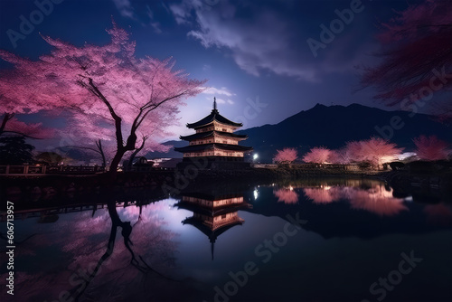 Castle in the night cherry blossoms on background