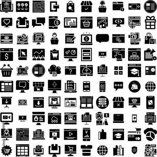 Collection Of 100 Online Icons Set Isolated Solid Silhouette Icons Including Online, Internet, Store, Digital, Business, Technology, Concept Infographic Elements Vector Illustration Logo