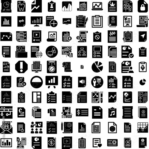 Collection Of 100 Report Icons Set Isolated Solid Silhouette Icons Including Report, Financial, Marketing, Business, Concept, Finance, Analysis Infographic Elements Vector Illustration Logo