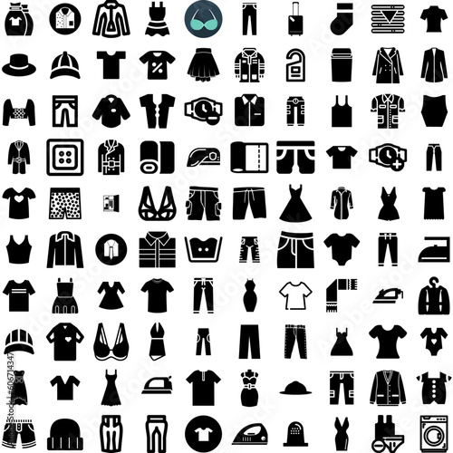 Collection Of 100 Clothes Icons Set Isolated Solid Silhouette Icons Including Fabric, Style, Background, Clothes, Fashion, Clothing, Cloth Infographic Elements Vector Illustration Logo