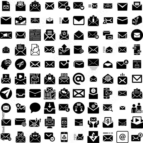 Collection Of 100 Email Icons Set Isolated Solid Silhouette Icons Including Communication, Vector, Mail, Message, Internet, Email, Web Infographic Elements Vector Illustration Logo