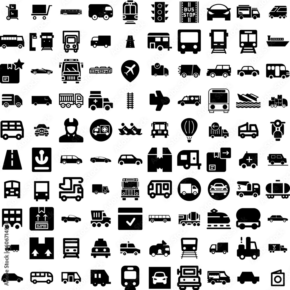 Collection Of 100 Transport Icons Set Isolated Solid Silhouette Icons Including Car, Transport, Truck, Plane, Ship, Cargo, Transportation Infographic Elements Vector Illustration Logo