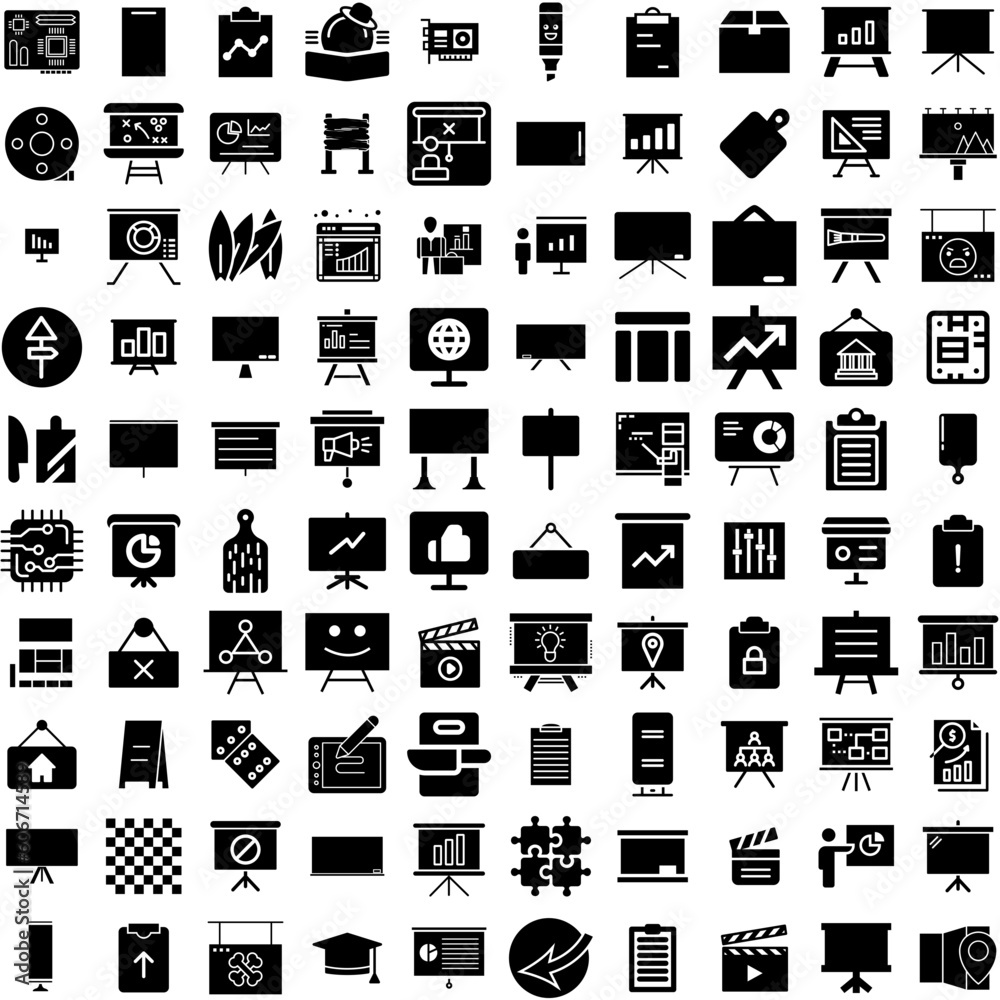 Collection Of 100 Board Icons Set Isolated Solid Silhouette Icons Including Blank, Wood, Texture, Board, Design, Empty, Background Infographic Elements Vector Illustration Logo