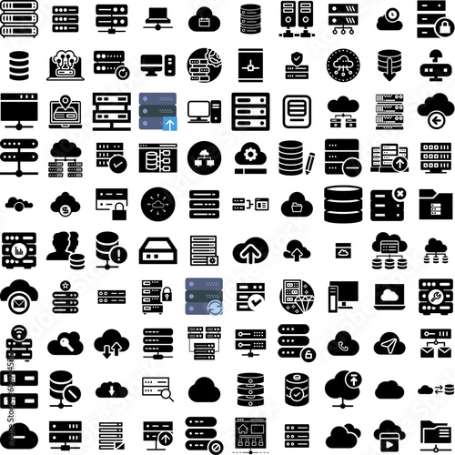 Collection Of 100 Server Icons Set Isolated Solid Silhouette Icons Including Server, Information, Network, Technology, Computer, Data, Internet Infographic Elements Vector Illustration Logo