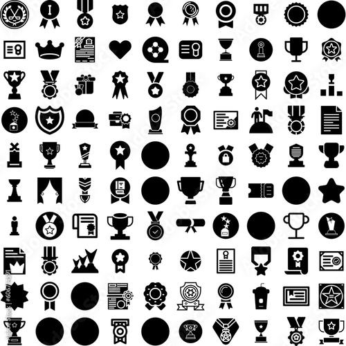 Collection Of 100 Award Icons Set Isolated Solid Silhouette Icons Including Golden, Winner, Celebration, Design, Award, Background, Banner Infographic Elements Vector Illustration Logo