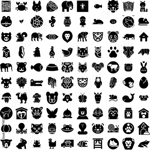 Collection Of 100 Animal Icons Set Isolated Solid Silhouette Icons Including Wildlife, Cartoon, Illustration, Set, Character, Animal, Cute Infographic Elements Vector Illustration Logo