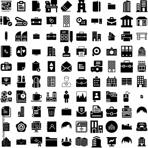 Collection Of 100 Office Icons Set Isolated Solid Silhouette Icons Including Work, Technology, Table, Office, Modern, Business, Computer Infographic Elements Vector Illustration Logo