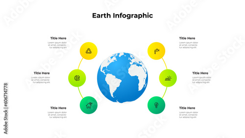 Earth ecology infographic template. Save the world environment concept with 6 options