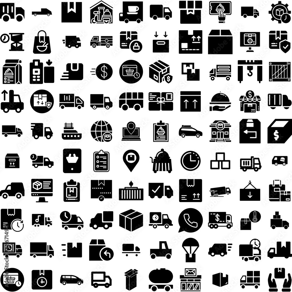 Collection Of 100 Delivery Icons Set Isolated Solid Silhouette Icons Including Delivery, Courier, Shipping, Service, Order, Fast, Transport Infographic Elements Vector Illustration Logo