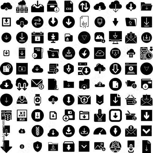 Collection Of 100 Download Icons Set Isolated Solid Silhouette Icons Including Web, Vector, Button, File, Icon, Download, Internet Infographic Elements Vector Illustration Logo