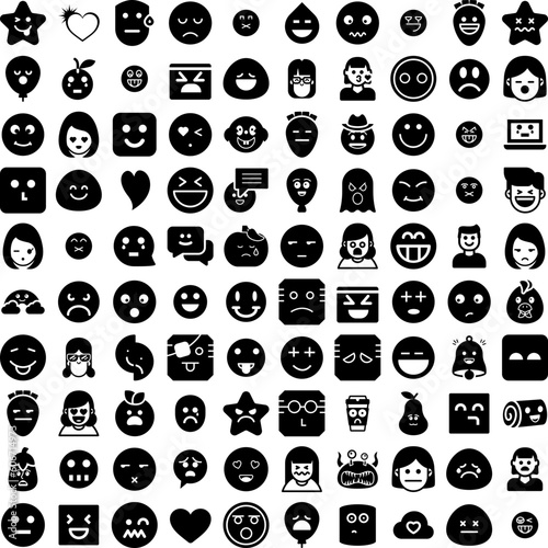 Collection Of 100 Emotion Icons Set Isolated Solid Silhouette Icons Including Happy, Expression, Illustration, Smile, Symbol, Face, Emotion Infographic Elements Vector Illustration Logo
