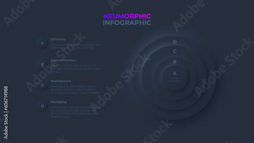 Four circle elements with letters. Concept of layers business model. Creative infographic presentation. Dark neumorphic illustration with 4 steps
