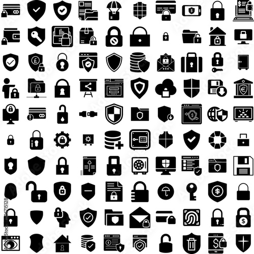 Collection Of 100 Secure Icons Set Isolated Solid Silhouette Icons Including Protection, Internet, Computer, Technology, Secure, Security, Privacy Infographic Elements Vector Illustration Logo