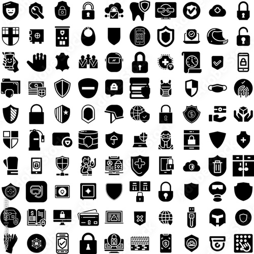 Collection Of 100 Protection Icons Set Isolated Solid Silhouette Icons Including Safety, Protection, Secure, Technology, Shield, Concept, Protect Infographic Elements Vector Illustration Logo