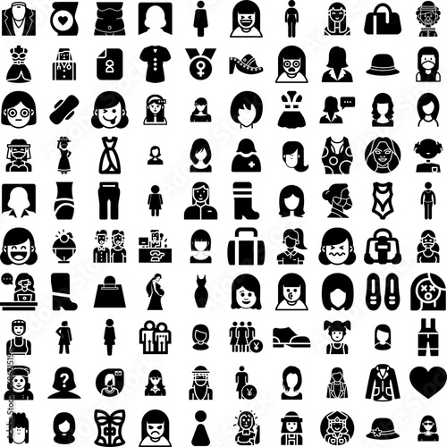 Collection Of 100 Woman Icons Set Isolated Solid Silhouette Icons Including Female, Woman, Girl, Beautiful, Happy, Young, Background Infographic Elements Vector Illustration Logo