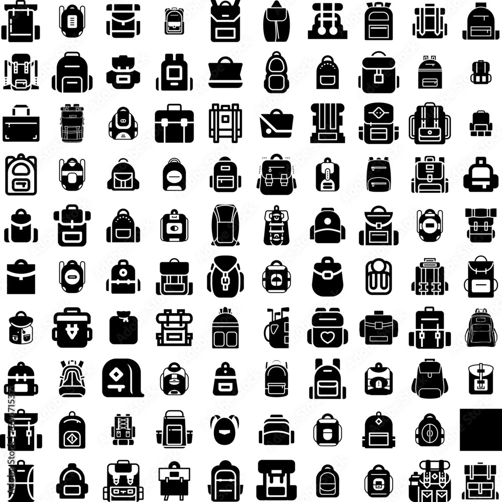 Collection Of 100 Backpack Icons Set Isolated Solid Silhouette Icons Including School, Study, Education, Bag, Student, Backpack, Design Infographic Elements Vector Illustration Logo