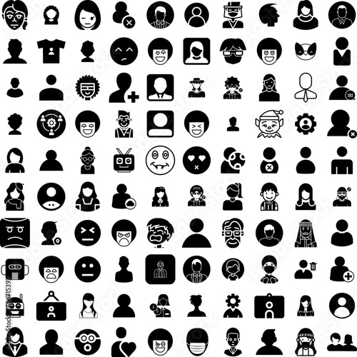 Collection Of 100 Avatar Icons Set Isolated Solid Silhouette Icons Including Man, Human, Male, Avatar, Person, Face, People Infographic Elements Vector Illustration Logo