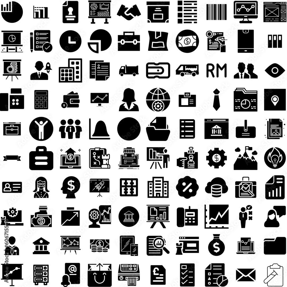 Collection Of 100 Business Icons Set Isolated Solid Silhouette Icons Including Success, Office, Technology, Teamwork, Communication, Business, Corporate Infographic Elements Vector Illustration Logo