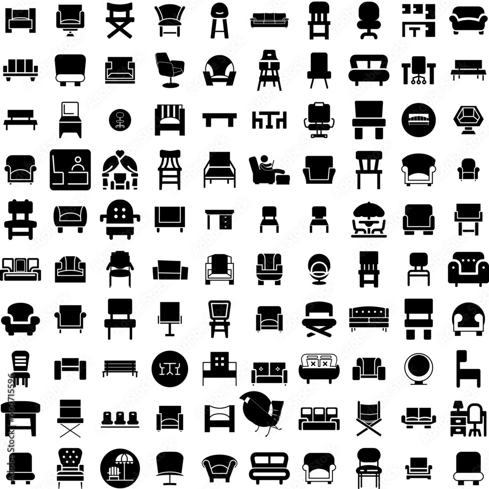 Collection Of 100 Chair Icons Set Isolated Solid Silhouette Icons Including Interior, Design, Seat, Armchair, Chair, Isolated, Furniture Infographic Elements Vector Illustration Logo